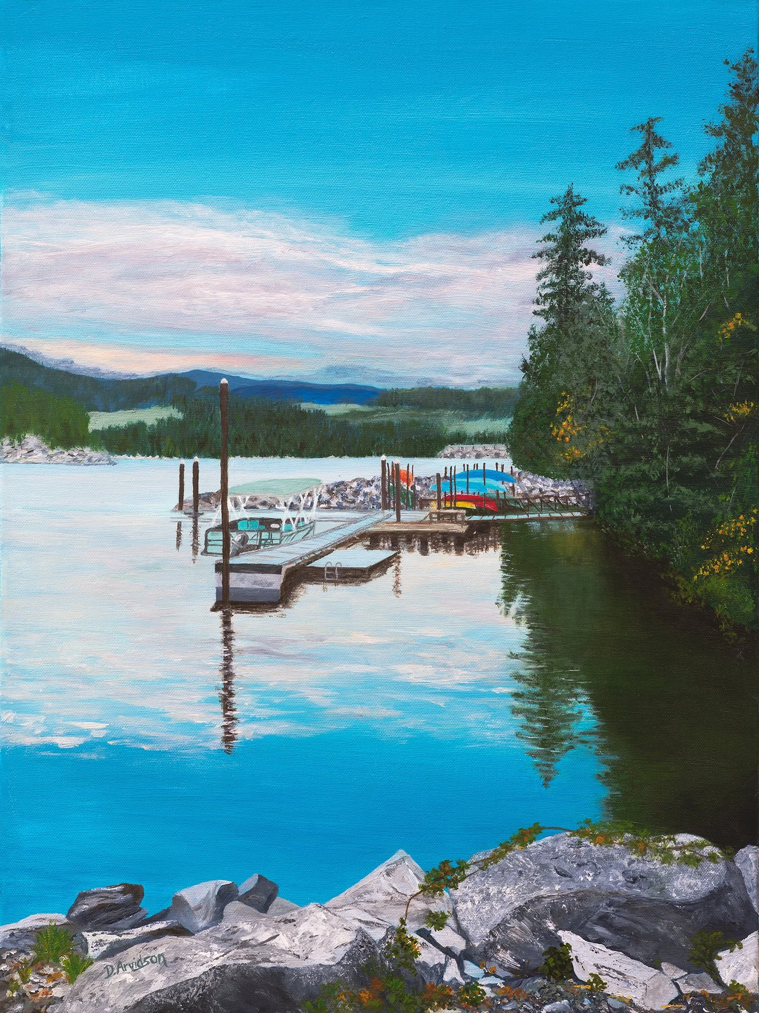 A painting of tiny marina,  a calm body of turquoise water, with turquoise sky and clouds reflecting on the water, with rocks, and trees on the left side.