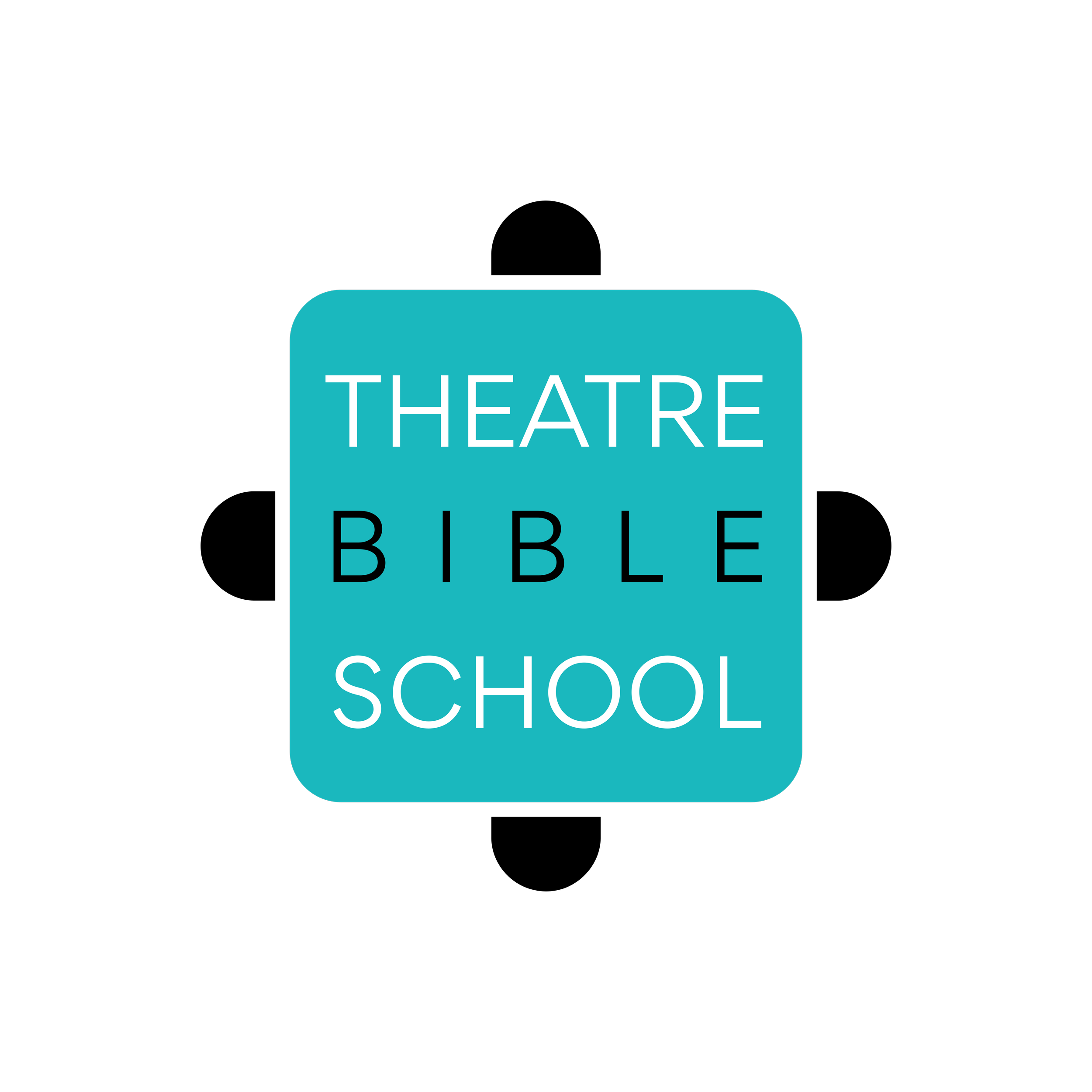 Logo for Theatre Bible School with a blue rounded square background and white and black text.