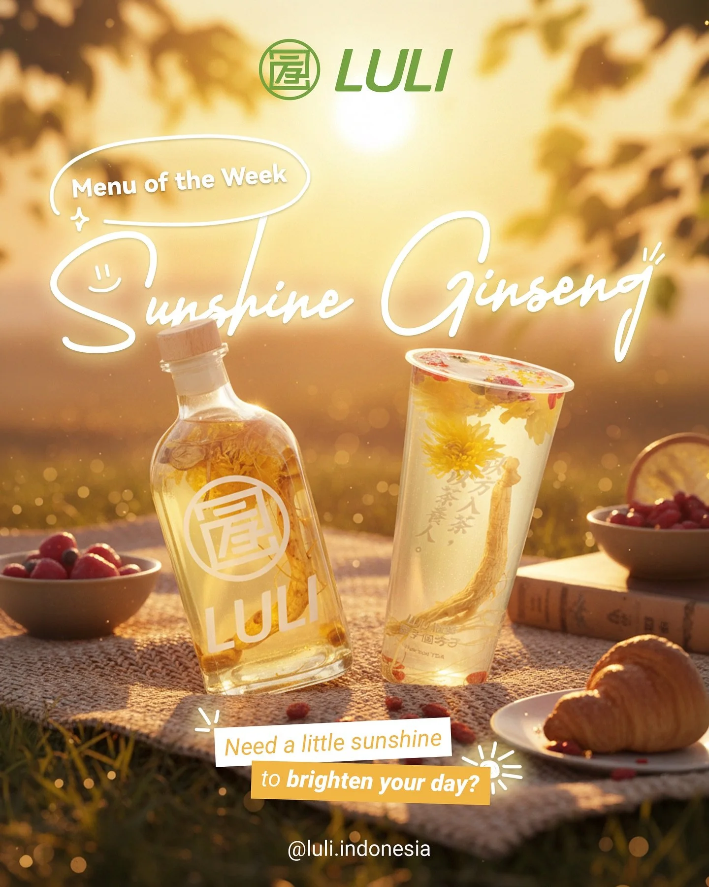 Meet our Menu of the Week: Sunshine Ginseng.

Minuman herbal dari  ginseng asli dengan sensasi segar, ringan, dan comforting di setiap tegukannya.

Perfect untuk recharge energi di tengah hari.

Siapa yang lagi butuh little sunshine hari ini? 👀

#LU