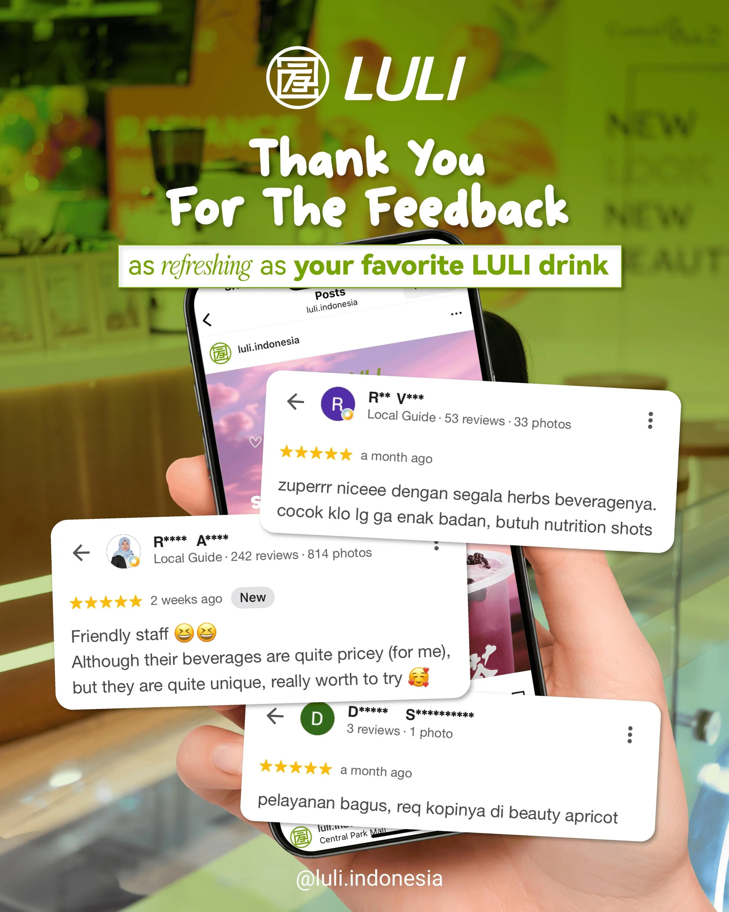 Aww, terimakasih yah teman LULI :&rsquo;)
So warm to hear you enjoyed it! 🤍

Jangan lupa untuk setia minum LULI yah!

Btw, lagi suka menu LULI yang mana nih? Drop di komen👇

#LULIIndonesia #WellnessDrink #BeautyDrink #ReviewMinuman #MinumanKekinian
