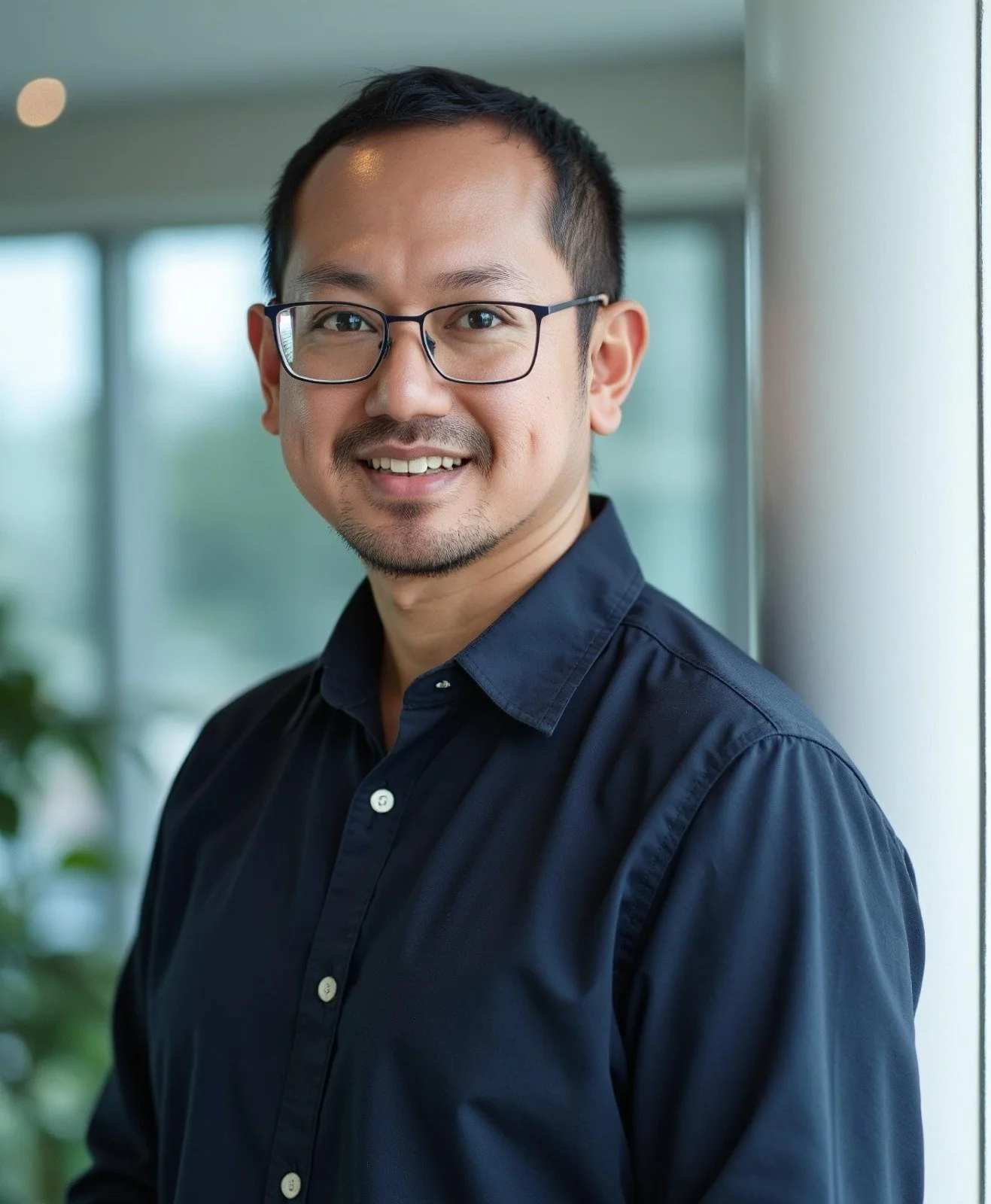 Portrait of a young man wearing glasses and a navy blue collared shirt, smiling, standing near a window with blurred background. One of the founder of Diastra.