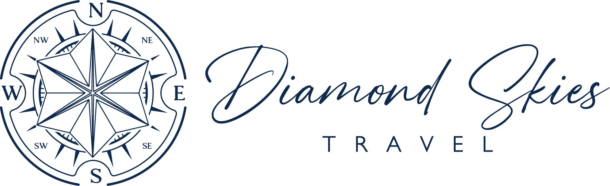 Logo of Diamond Skies Travel featuring a stylized compass with a geometric star in the center and the text "Diamond Skies Travel" in elegant script.