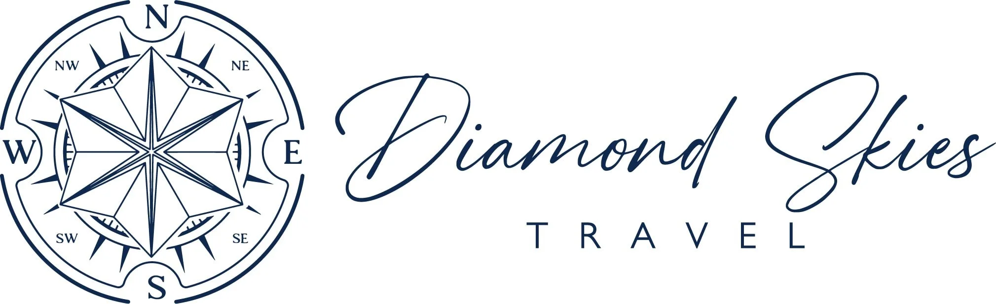 Logo for Diamond Skies Travel featuring a compass rose design and elegant script text.