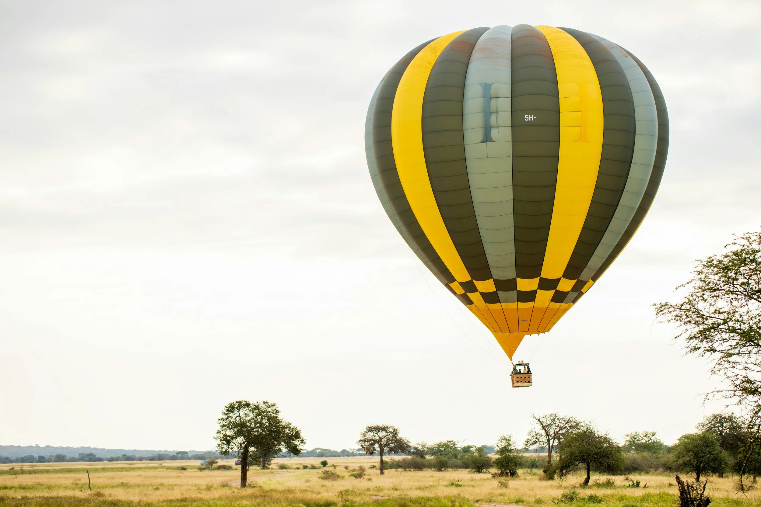 Hot air balloon drifting over Serengeti National Park, Tanzania, offering panoramic views of wildlife and savannah
