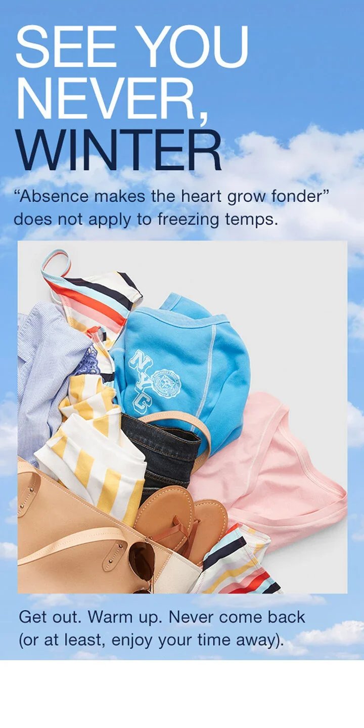 A collection of summer clothing and accessories, including a blue hoodie, a pink top, striped shirts, shorts, sandals, and a tan bag, displayed against a background of a blue sky with white clouds.