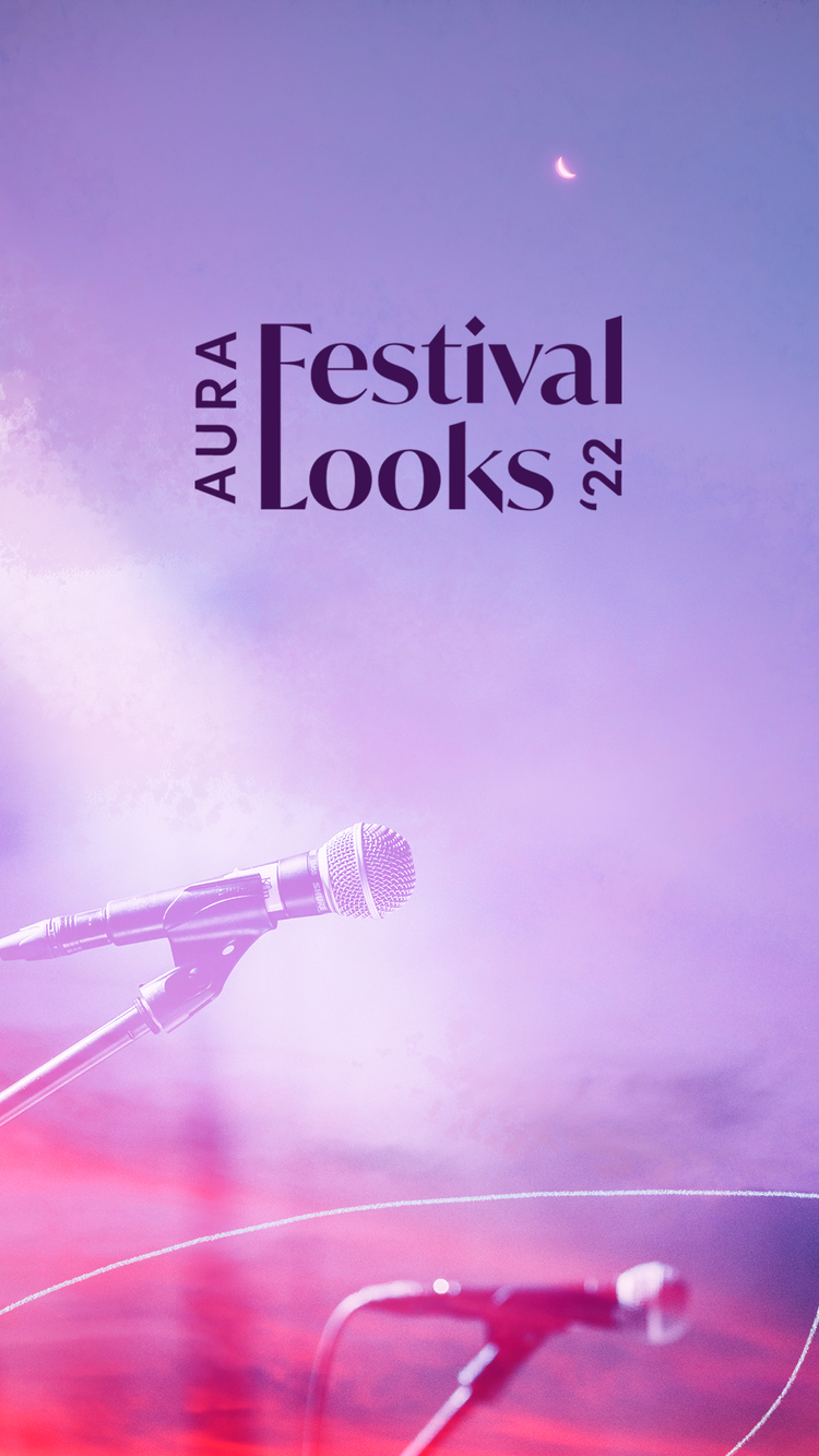 Promotional poster for Aura Festival Looks 2022 featuring a microphone and a crescent moon against a purple sky background.