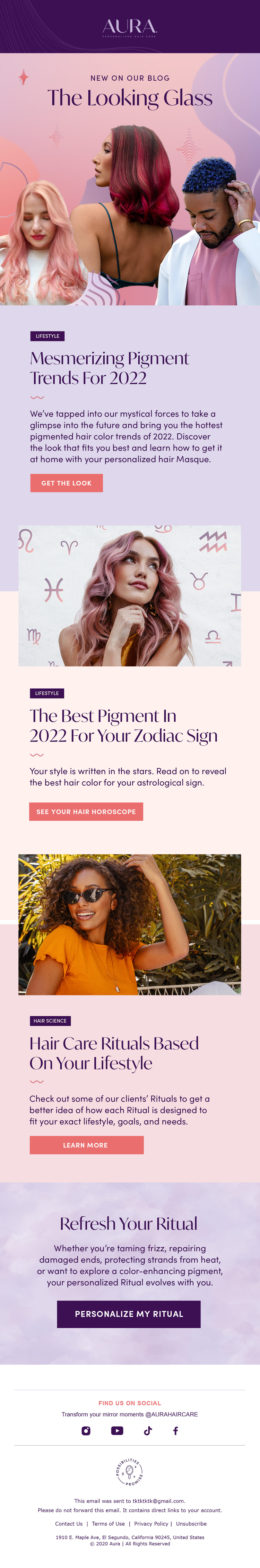 An advertisement for Aura Haircare promoting their blog post about hair pigment trends and hair care rituals, featuring three models with colorful hair styles.