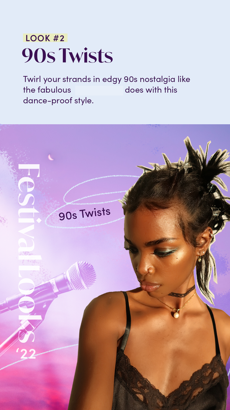 A promotional poster for the '90s Twists' hairstyle show at FestivallooX 2022, featuring a woman with edgy 90s hairstyle, a microphone, and event details on a purple and pink background.