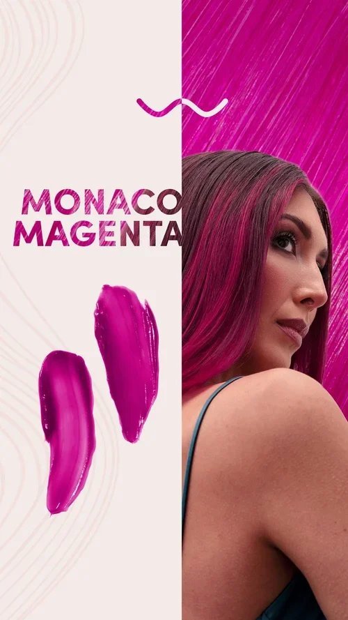 A woman with long, straight magenta hair, looking sideways, against a magenta background with abstract lines. The image features swatches of pink paint and the text "MONACO MAGENTA".