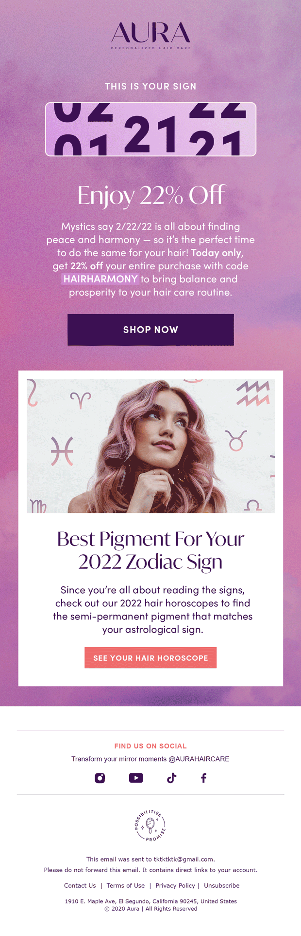 An email promoting hair care discounts with a purple and pink background, showing a zodiac sign sign and a woman with styled hair surrounded by zodiac symbols.
