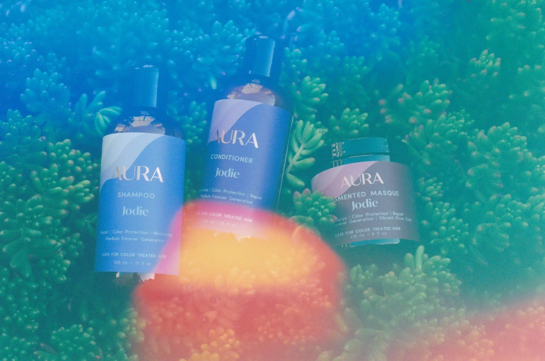 Aura Hair Care 3 step ritual taken with film camera