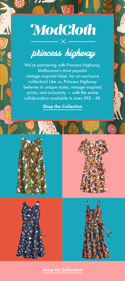 A promotional graphic for ModCloth and Princess Highway featuring four vintage-inspired dresses with colorful patterns on different background colors, and text describing the collaboration and collection.