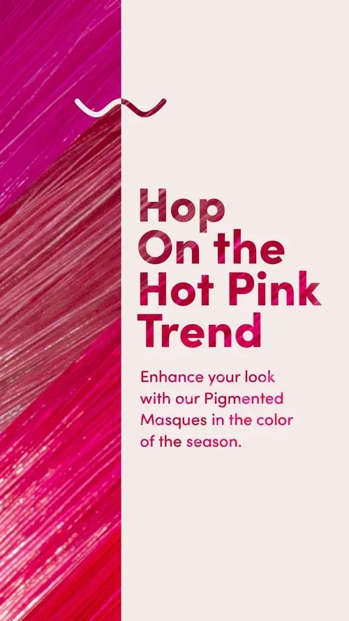 Pink and red diagonally striped abstract background with promotional text about hot pink trend and pigmented masks.