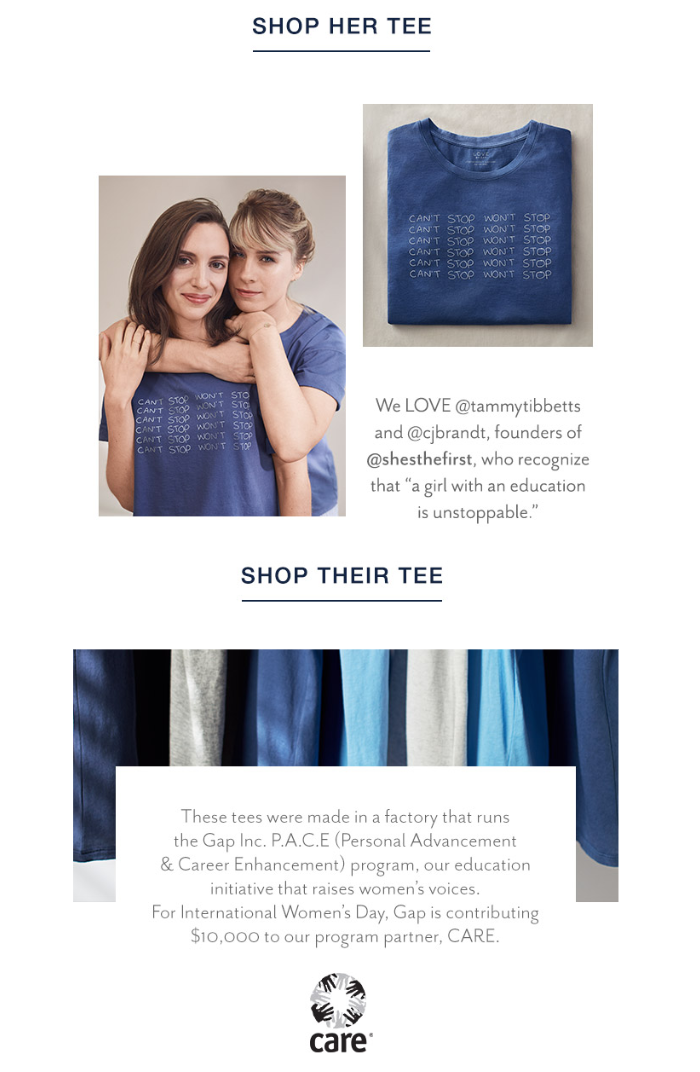Image promoting two different T-shirts, one worn by two women and one folded. The T-shirts have text related to women's education and empowerment. The first features the phrase 'Can't Stop Won't Stop,' and the second shirt is part of a campaign suppo