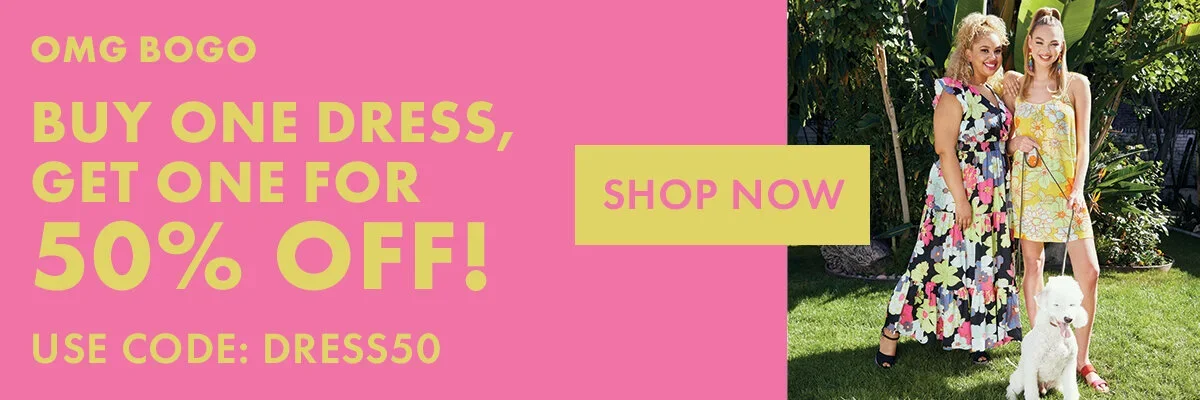 Advertisement for dresses with a pink background on the left, promotional text in yellow and pink, and a photo of two women in dresses and a dog in a garden on the right.