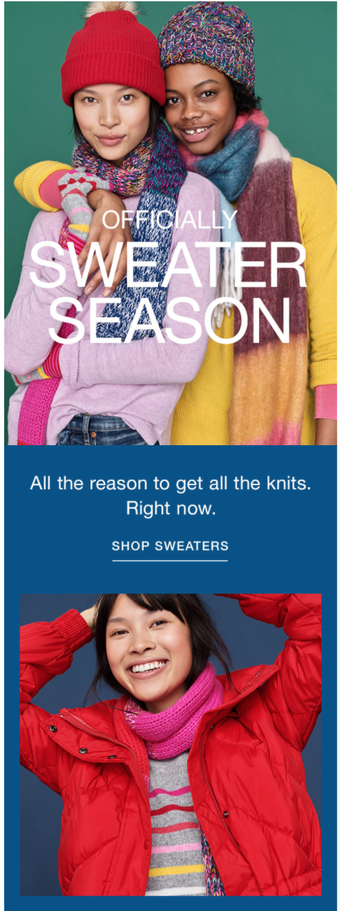 Two women wearing colorful sweaters and hats, smiling, in a winter clothing advertisement. The text reads 'Officially Sweater Season' and 'All the reason to get all the knits. Right now.' The second woman is wearing a red jacket and purple scarf.