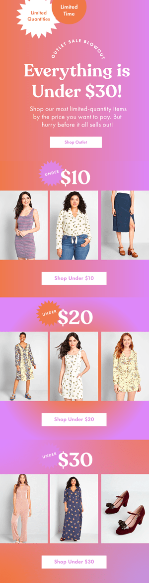 Promotional poster for outlet sale with discounts under $10, $20, and $30. Features women wearing dresses and a pair of red high heels.