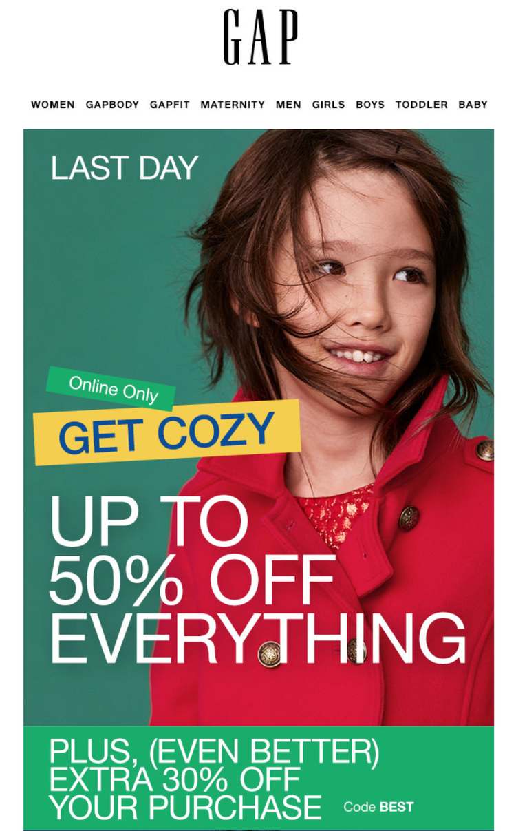 GAP advertisement featuring a girl with windblown hair wearing a red coat, promoting discounts up to 50% off on clothing with an additional 30% off using code 'BEST'.