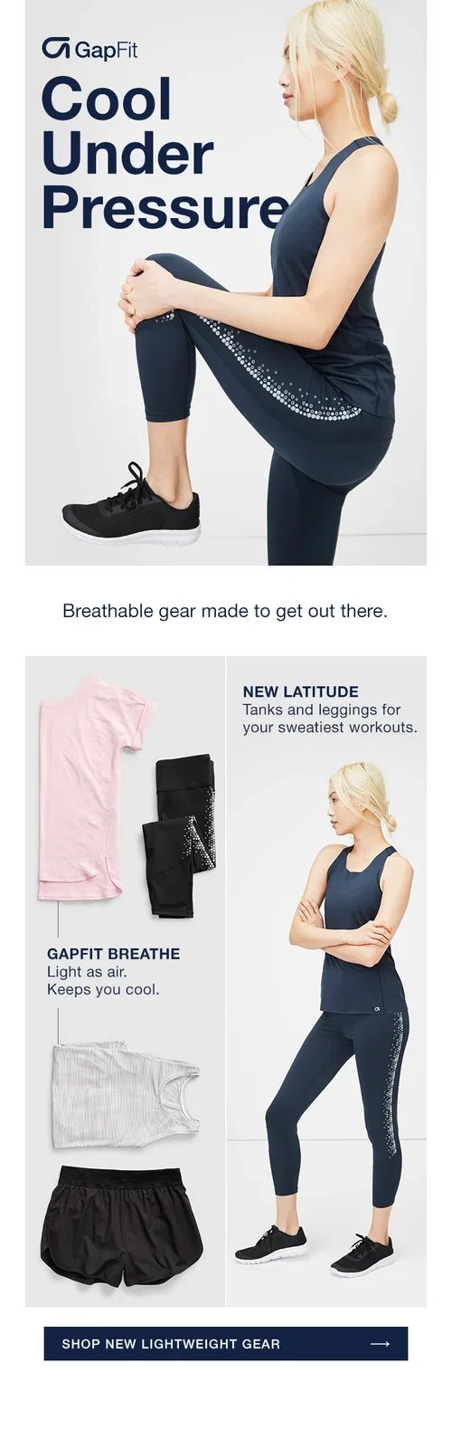 A woman in athletic wear demonstrating stretching at a fitness promotional display for GapFit's breathable workout gear and clothing.