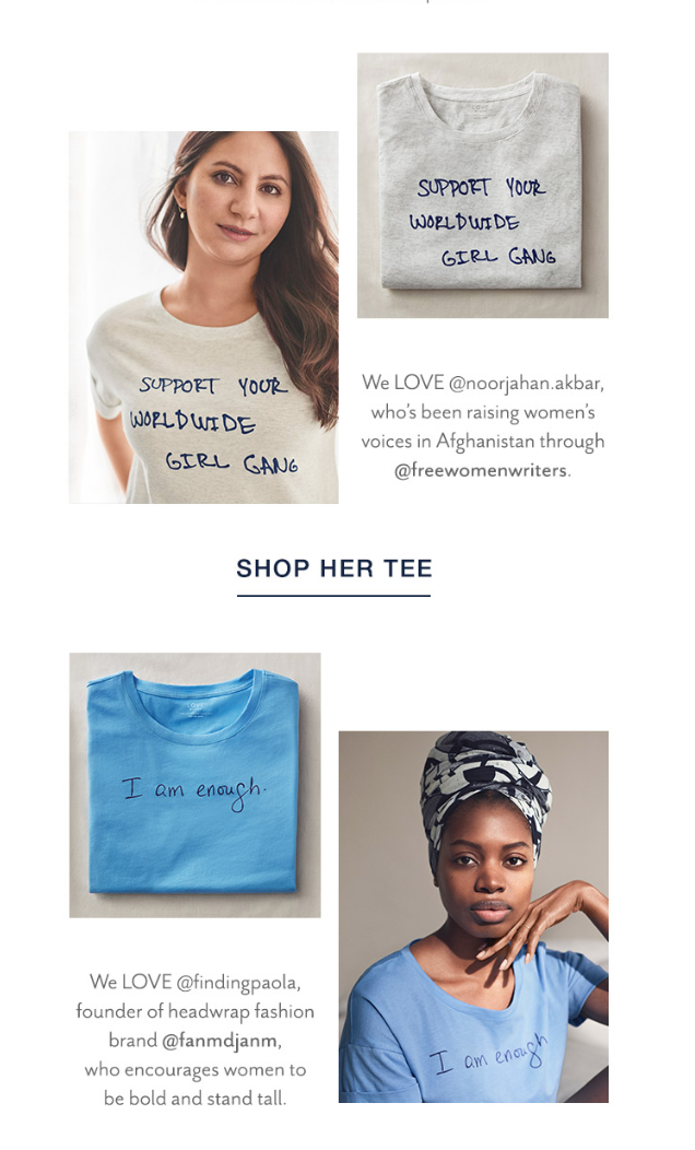 Collection of women's t-shirts with empowering messages, featuring diverse models and promoting support for women's voices and self-acceptance.