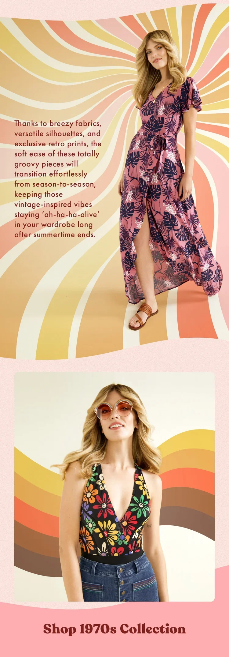 Two women modeling vintage-inspired 1970s fashion in front of colorful psychedelic backgrounds. The first woman wears a pink and purple floral maxi dress with a slit, and the second woman wears a black halter top with a colorful floral pattern and hi