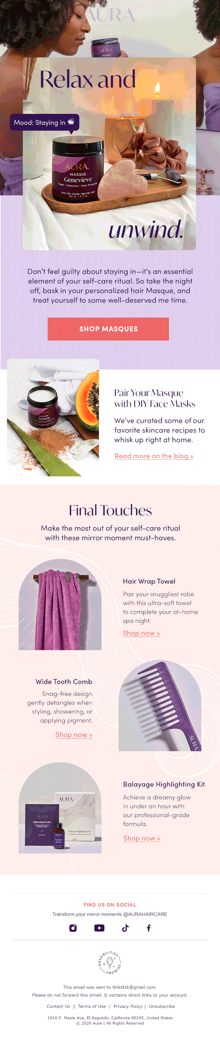 An Instagram promotional email for Aura skincare products featuring eye masks, hair wraps, a wide-tooth comb, and a highlighter kit, with relaxing visuals and text about self-care routines.