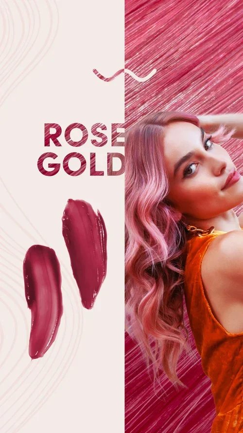 A woman with pink and purple wavy hair, wearing an orange top, posing against a pink textured background. The left side features the words "Rose Gold" with three lipstick swipes in various shades of pink and red.