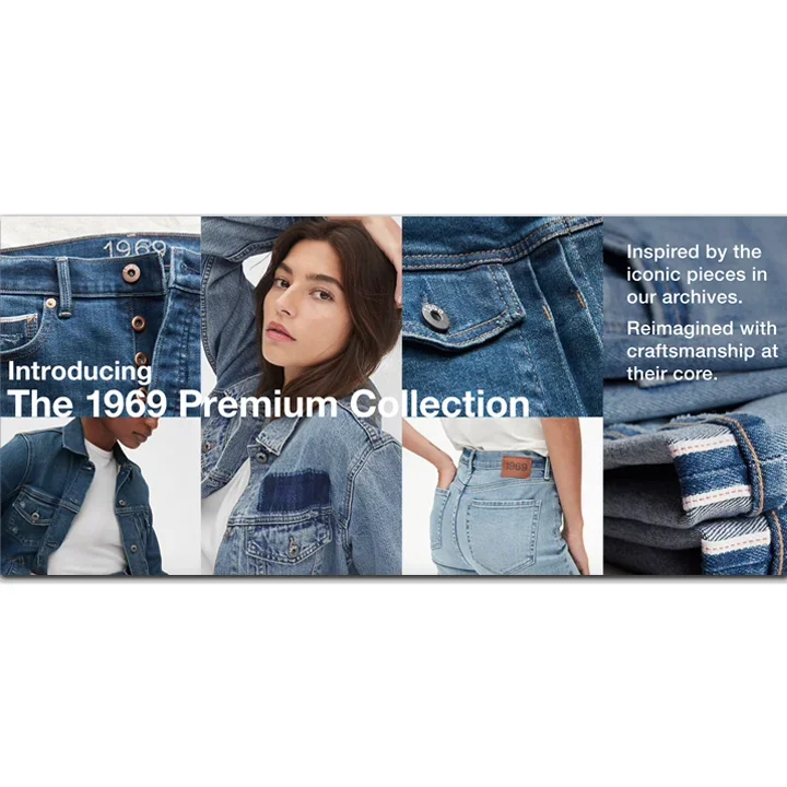 Collage of women wearing denim jeans, highlighting the 1969 premium collection inspired by iconic archive pieces.