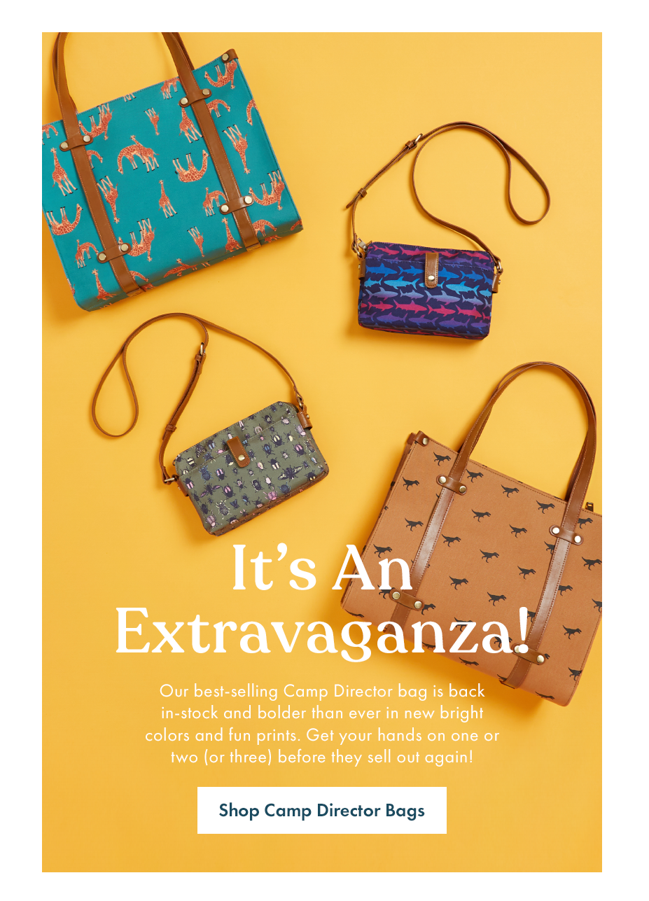 A digital advertisement for Camp Director bags featuring multiple colorful, patterned handbags against a yellow background, with bold white text and a call-to-action button.