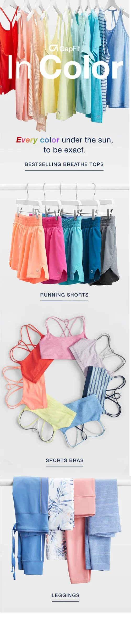 Colorful tank tops, running shorts, sports bras, and leggings on display at Gap Fit. The items are arranged vertically with the top section featuring tank tops in various pastel and bright colors, followed by shorts in shades of pink, coral, aqua, bl