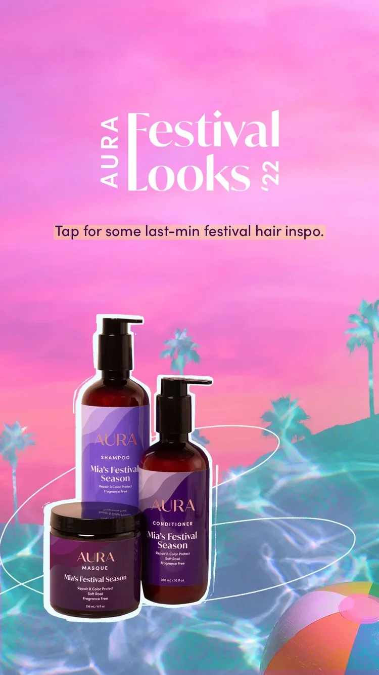 A promotional image for Aura's festival hair care products, featuring shampoo, conditioner, and masque bottles with a pastel pink, purple, and blue background with palm trees and a beach ball.