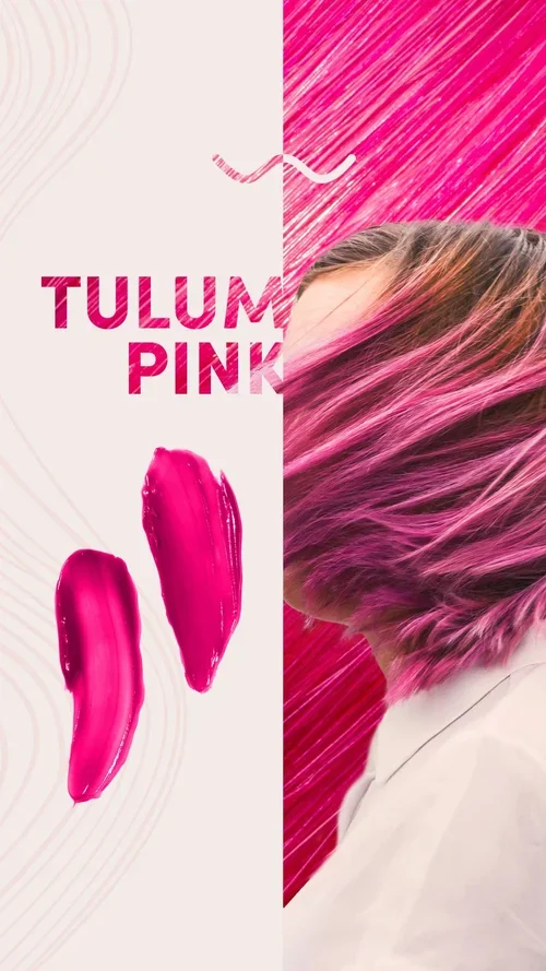 Half of a person's head with pink-tinted hair against a vibrant pink background, with the other half showing white space with pink text and brush strokes.