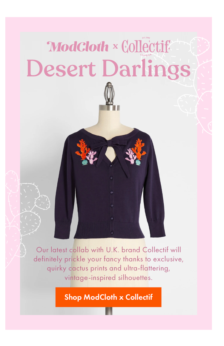 A navy blue cardigan sweater with embroidered orange and pink cacti on the shoulders, displayed on a mannequin, with promotional text for a ModCloth x Collectif collaboration featuring cactus prints.