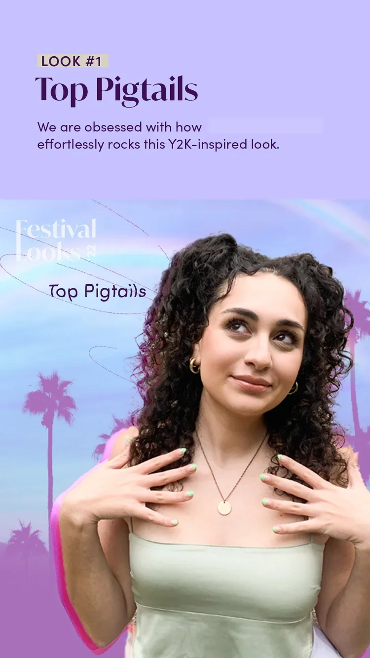 A woman with curly dark hair showing off her pastel green nail polish on her hands, wearing a light-colored strapless top, accessorized with gold hoop earrings and a gold pendant necklace, standing against a backdrop with palm trees and a pink and purple gradient sky. The image features text promoting a fashion look called 'Top Pigtails' inspired by Y2K style.