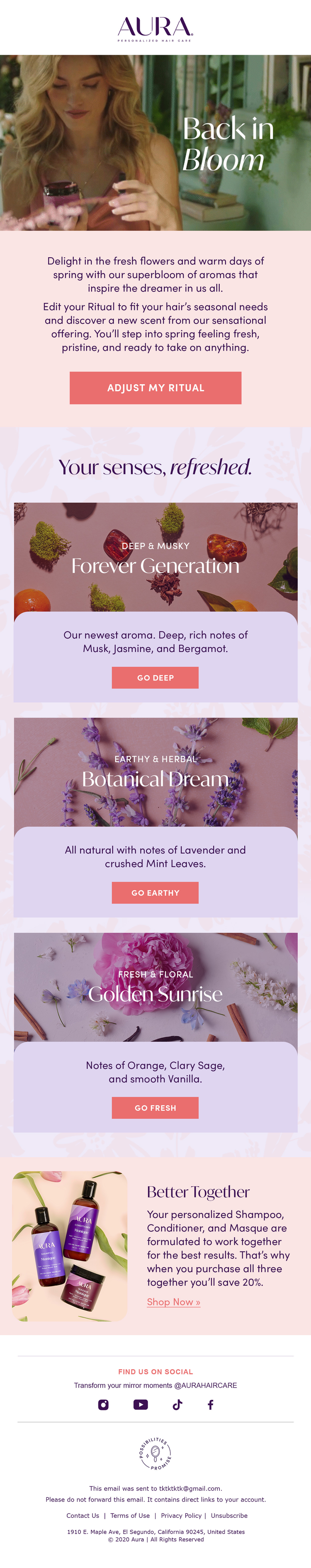 A digital advertisement for Aura Hair Care featuring a woman with long blonde hair holding a spray bottle, with sections promoting different aromatic scents and products like shampoo, conditioner, and masque, accompanied by social media icons and a store link.