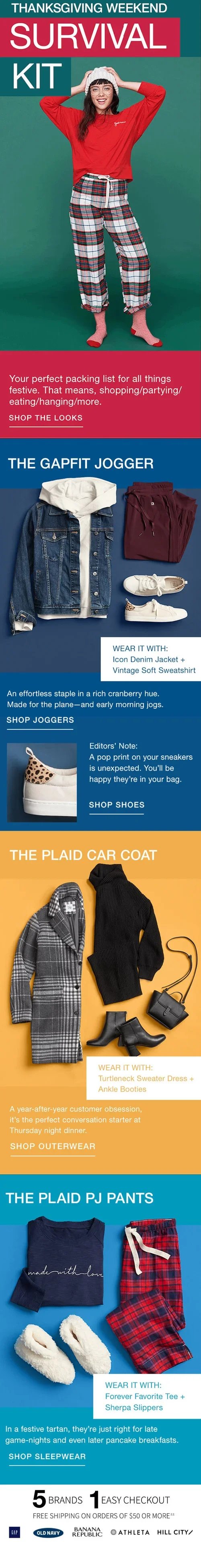 A woman dressed in holiday pajamas and a hat, smiling, standing against a green background. The image includes various holiday-themed clothing and accessories, such as a plaid jacket, joggers, and slippers, with promotional text for holiday survival 