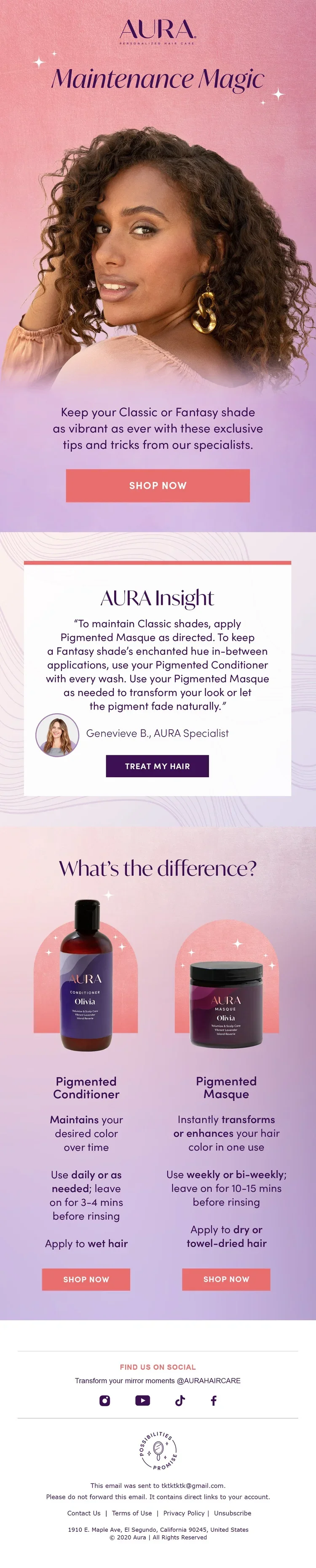 A promotional email from Aura featuring a woman with curly hair wearing earrings. The email promotes maintenance tips for hair color, highlighting Aura's Pigmented Masque and Conditioner products.
