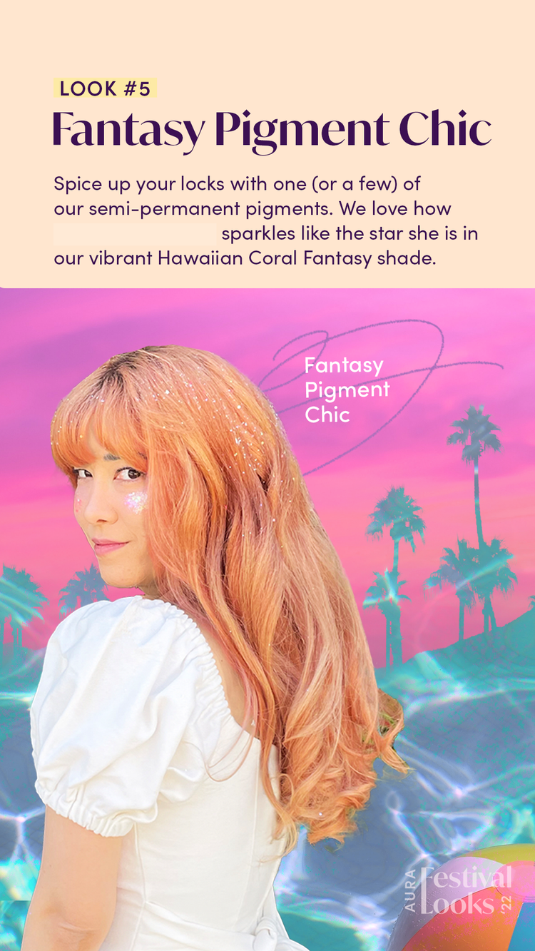 A woman with peach-colored hair and glitter on her face, wearing a white puff-sleeve top, standing against a pastel pink and purple sunset background with palm trees and the words "Fantasy Pigment Chic" in the foreground.