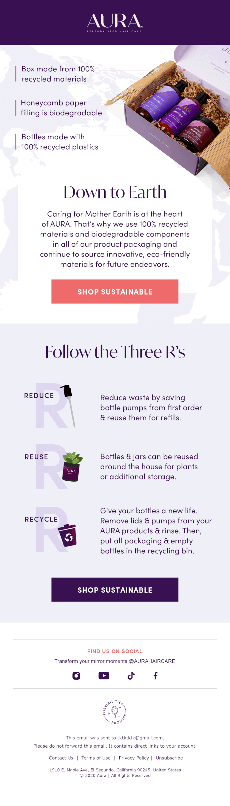An advertisement for Aura hair care products emphasizing sustainability. The image shows a purple box containing bottles with recyclable packaging, alongside text about eco-friendly materials, including recycled plastics, biodegradable honeycomb paper filling, and bottles made with recycled plastics. The ad promotes reducing waste, reusing bottles for plants, and recycling, with icons illustrating each practice, and encourages shopping sustainable and following Aura on social media.