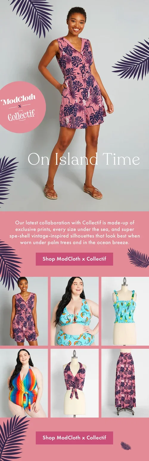 A woman in a pink and blue tropical print sleeveless romper with a V-neck, standing with one hand on her hip and smiling. The background is light gray with purple palm leaves, and there is promotional text for a ModCloth and Collectif collaboration f
