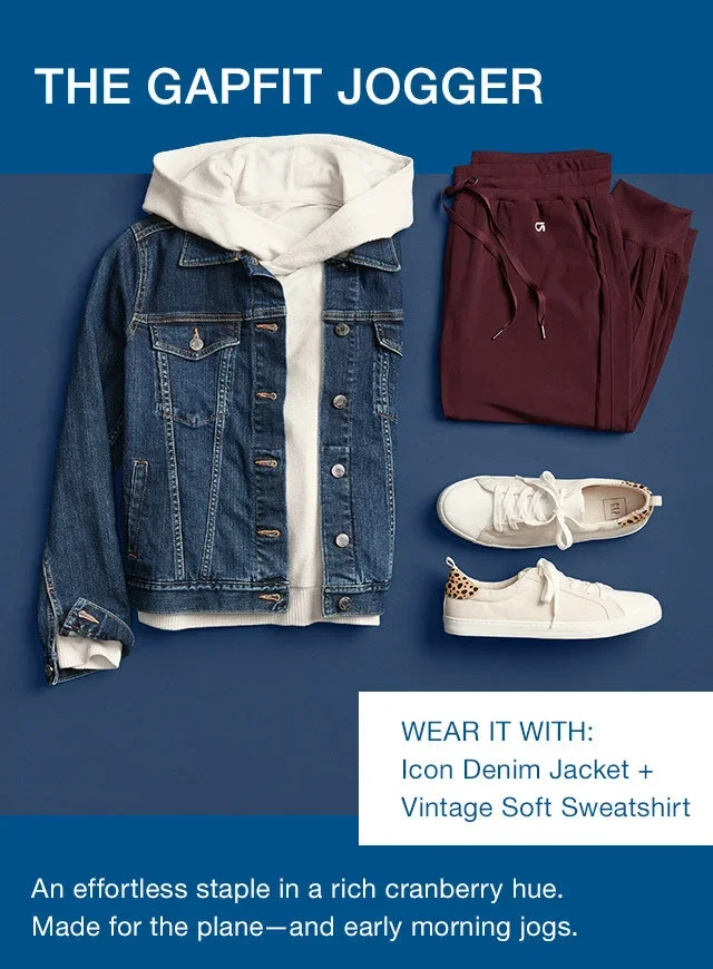 Outfit consisting of an icon denim jacket with a cream hoodie underneath, maroon joggers, and white sneakers with a leopard print detail, laid out on a blue background with text describing the look as 'The Gaffit Jogger' and pairing suggestions.