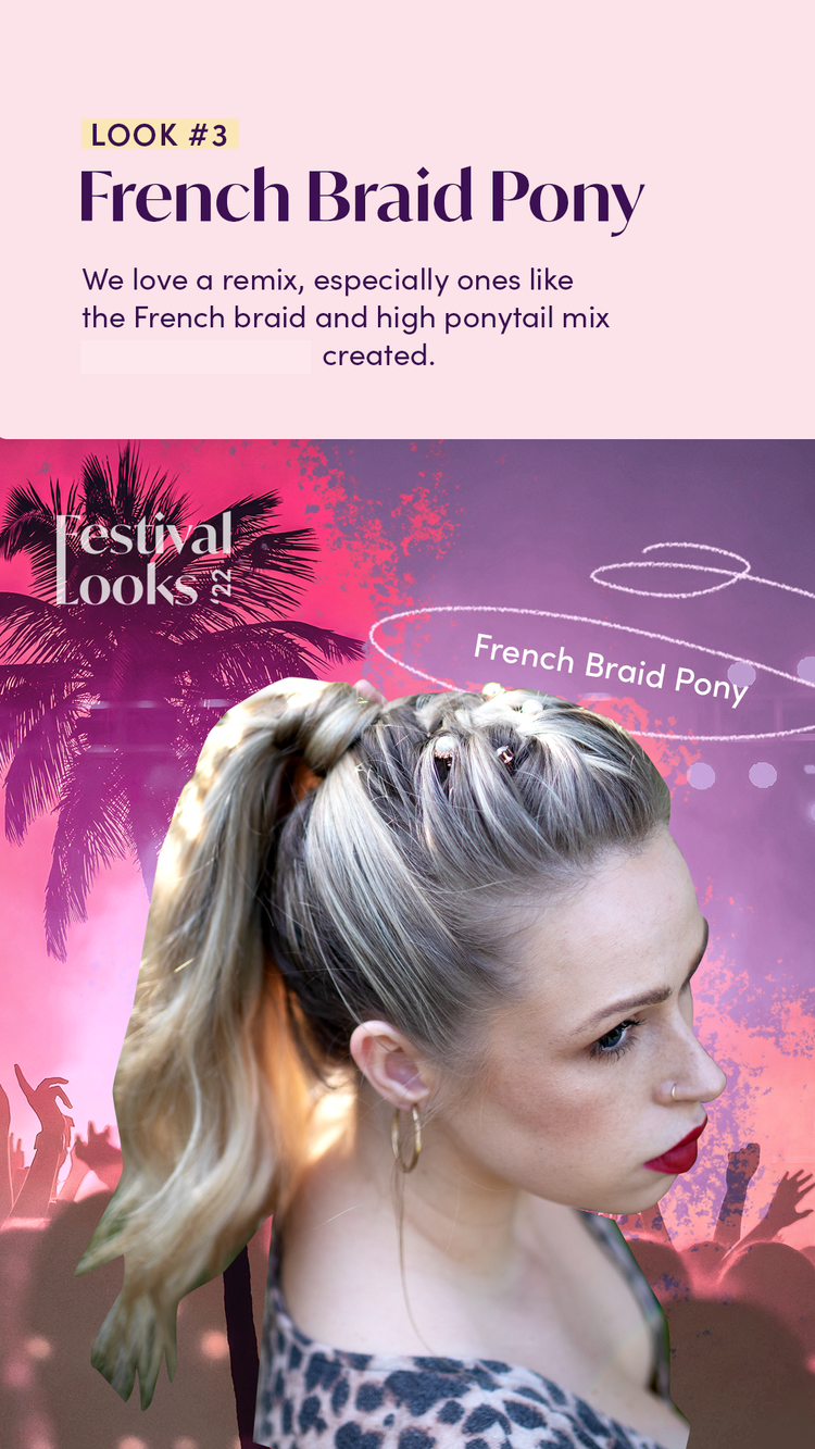 A woman with blonde hair styled into a French braid ponytail, wearing earrings and red lipstick, with a background featuring palm trees, a pink and purple gradient sky, and silhouettes of people at a festival or concert.
