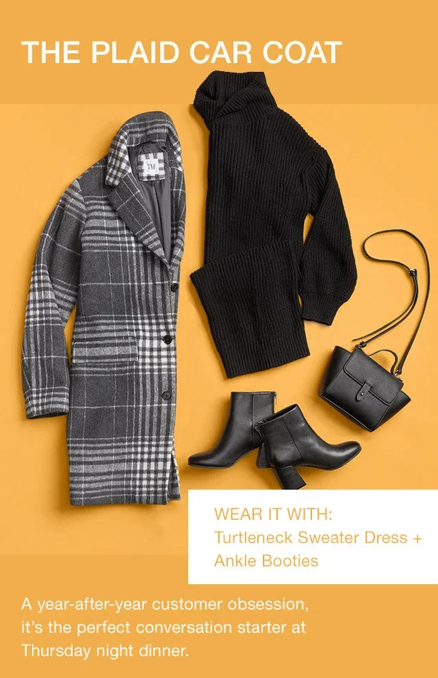 A flat lay of fall fashion items including a plaid car coat, a black turtleneck sweater dress, black ankle boots, and a small black handbag with a strap, set against a mustard yellow background. The text promotes wearing these with ankle booties and 