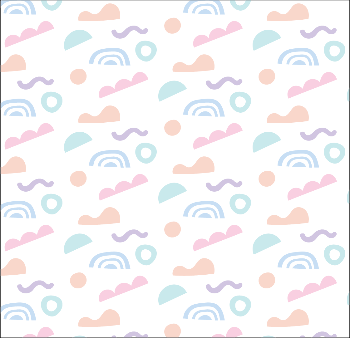 Pastel abstract pattern with rainbows, clouds, circles, and squiggly lines on a white background.