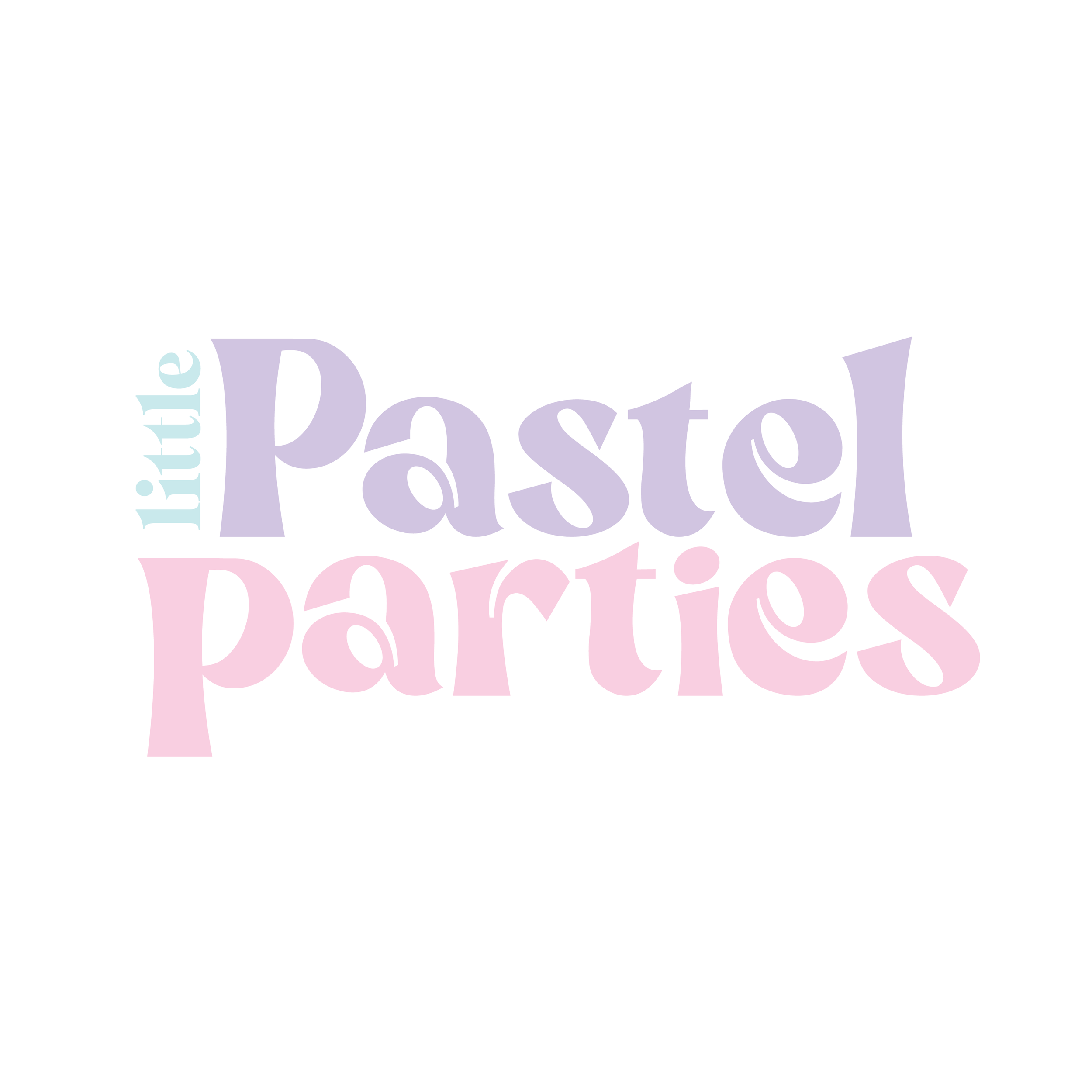 Pastel-colored words 'little Pastel parties' in a playful font on a white circular background.
