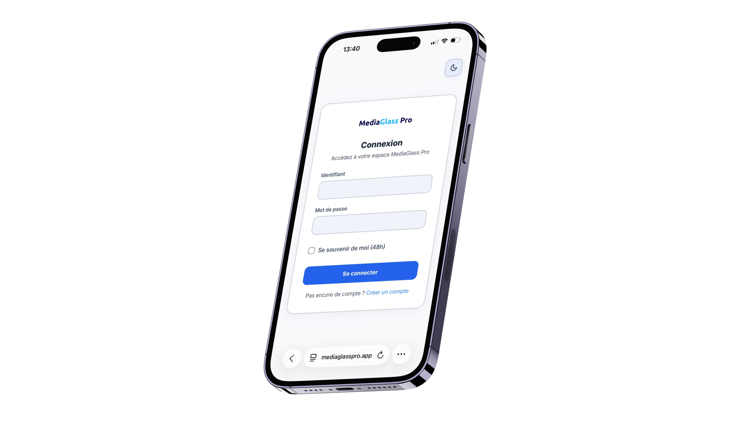 Interface du CRM MediaGlass Pro affichant un tableau de bord de gestion des leads, des notifications en temps réel, le suivi des clients, le partage de documents et les emails automatisés