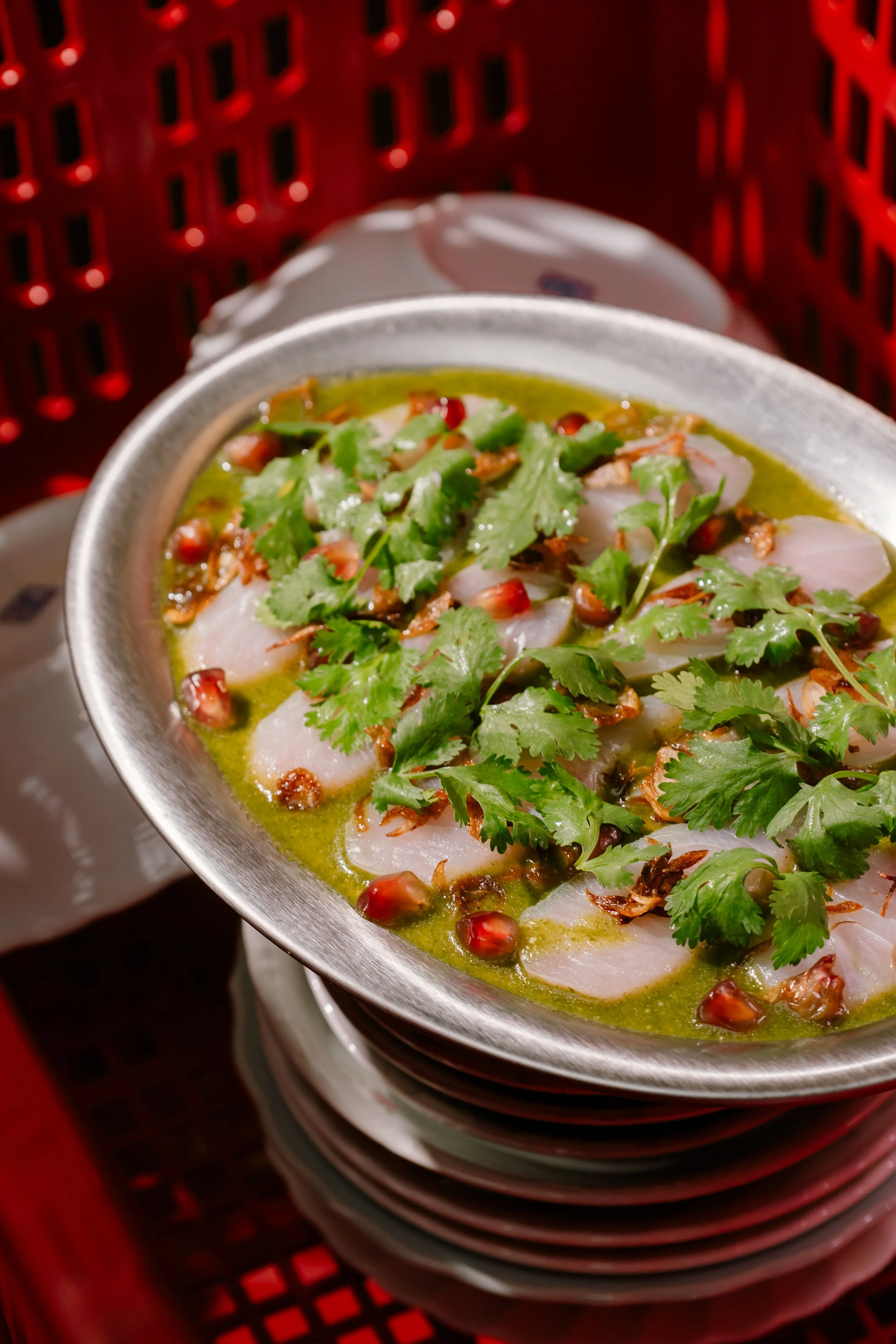 ปลาแช่น้ำปลา | Today’s Catch Sashimi in Spicy Fish Sauce  🌶️ 🌶️ 380.-
