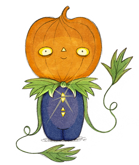 A whimsical children's book Halloween character with a pumpkin head, glowing eyes, and a small triangle nose, dressed in a blue outfit with green leaf and vine details.