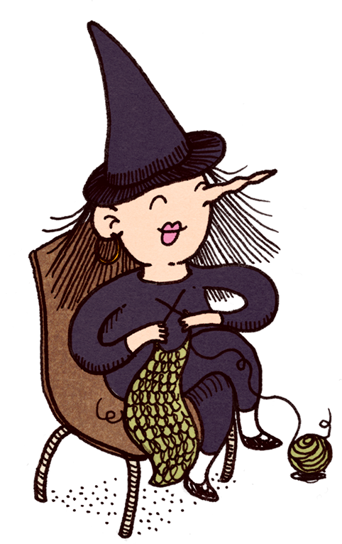 Children's illustration of a witch sitting in a chair, knitting with green yarn, wearing a tall purple hat and a ball of yarn at her feet.