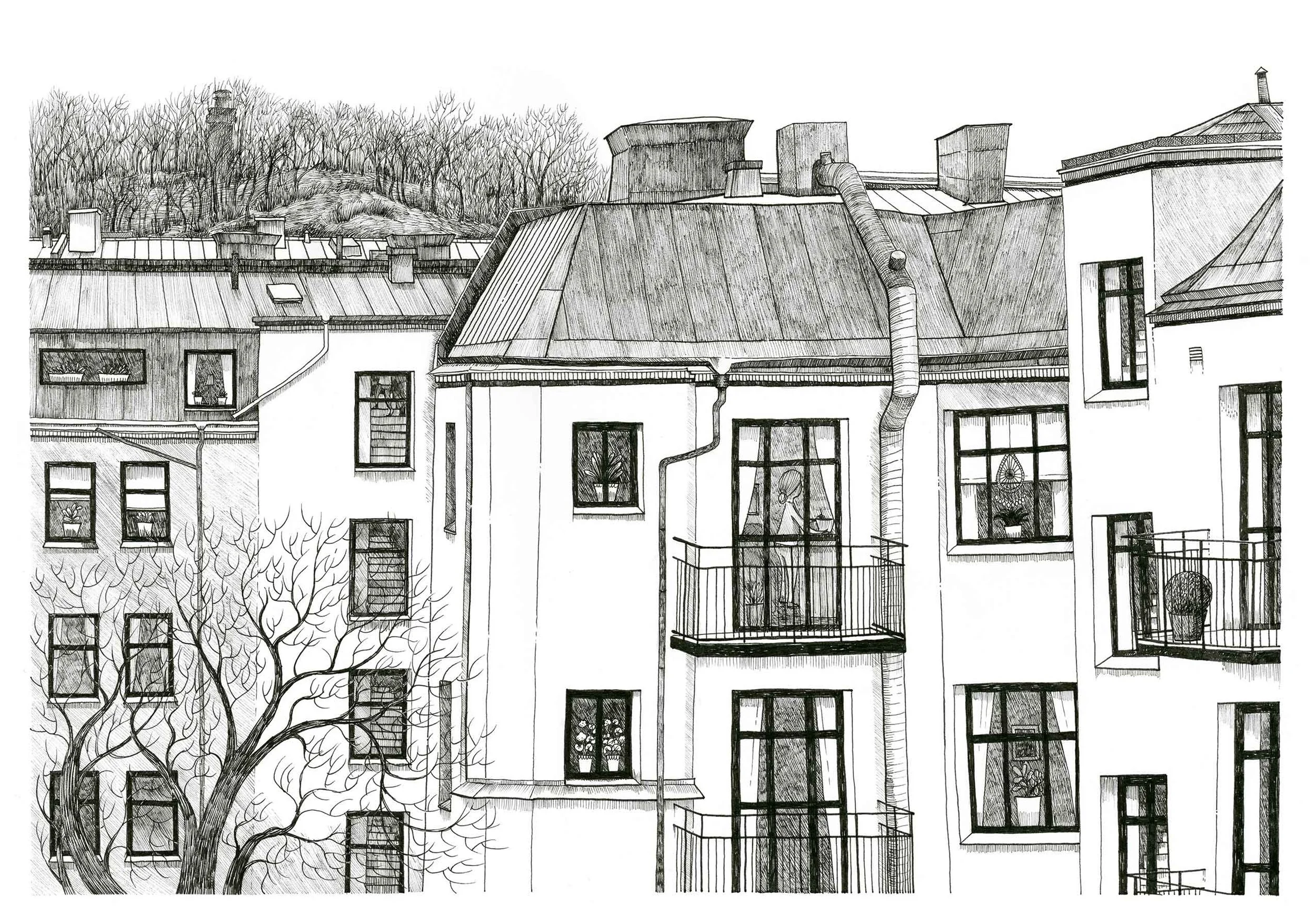 Sketch of a multi-story building with balconies, windows with curtains, and a rooftop, with leafless trees and a small hill with a chimney in the background.
